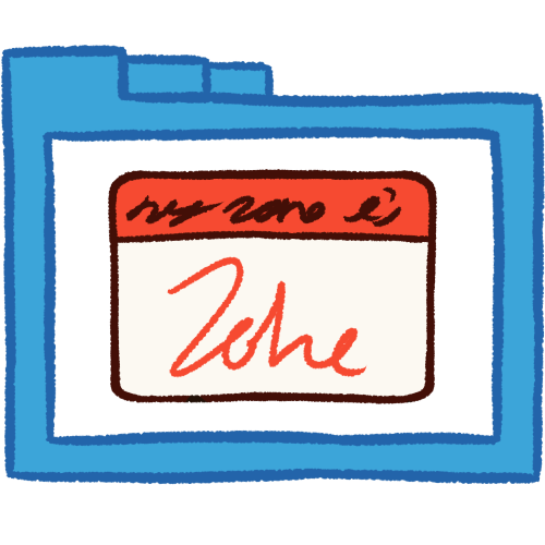 A hollow blue folder with thick lineart. Inside is a nametag with a thick red stripe at the top. There are long off-black scribbles on the stripe, and a larger, red scribble in the white portion of the nametag.